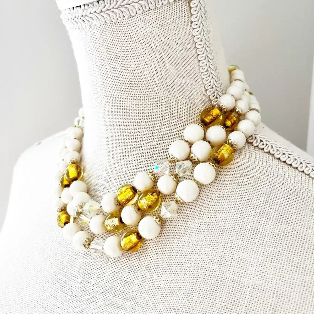 Vintage Mid-Century 3-Strand Faux Pearl Gold & AB Necklace